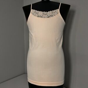 Tees By Tina Lace Trim Spaghetti Strap Tank Top OSFM Pale Peach Feminine Seamles